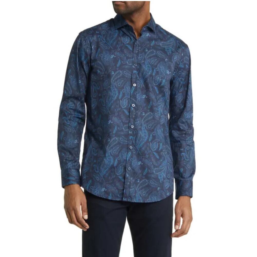 Brax Men's Blue Paisley Cozy Light Flannel Modern Fit Button Down Shirt M NWOT